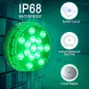 A close-up of a green LED submersible light with informational callouts on the right side. Produktbild-Vorschau
