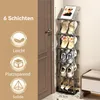 A tall, multi-tiered shoe rack filled with various types of shoes and slippers, placed next to a door. The background is a split of a brown door and a light beige wall. There are also marketing text overlays on the left side of the image. Produktbild-Vorschau
