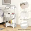 A white 3-tier rolling cart is shown in a room setting, with close-up insets highlighting its features. Produktbild-Vorschau