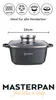 A cooking pot with a glass lid, shown from the front, with icons and text indicating its compatibility with various stovetops and its size. Produktbild-Vorschau