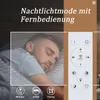 A man sleeping in bed next to a remote control, with text overlay describing a night light mode. Produktbild-Vorschau