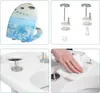 A collage of images showing a toilet seat with a blue sky and cloud design, its installation parts, and a hand cleaning the toilet. Produktbild-Vorschau