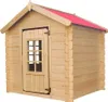 A wooden playhouse with a red roof, shown from a side-front angle against a white background. Produktbild-Vorschau