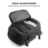 A black backpack is shown with its main compartment open, revealing neatly packed items like shoes and clothing. Produktbild-Vorschau