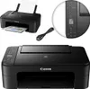 A collage of images showing a Canon printer, its control panel, and a power cord. Produktbild-Vorschau