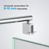 A close-up illustration showing a chrome-plated metal rod attached to a U-shaped bracket, which is designed to clamp onto a glass panel. Arrows indicate the adjustable width of the bracket to accommodate glass of 8-10mm thickness. A portion of a green-tint Podgląd zdjęcia produktu