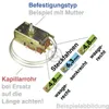 A collage of an electrical thermostat with its capillary tube and examples of electrical connectors (Steckfahnen) of different sizes and orientations. Produktbild-Vorschau