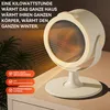 A cream-colored electric heater is placed on a wooden surface next to a plant. Text overlays highlight product features. Produktbild-Vorschau