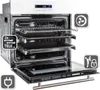 An open oven with multiple racks and baking trays, featuring icons indicating features like fan circulation, child lock, and power plug. Produktbild-Vorschau
