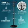 A black coat rack with a marble base, featuring various hooks and a ring for umbrellas, with descriptive text highlighting its features. Anteprima dell’immagine prodotto