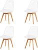 Four white dining chairs with wooden legs are arranged in a grid formation against a white background. Náhled obrázku produktu