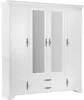 A white wardrobe with six doors and two drawers, featuring mirrored panels on some of the doors. Produktbild-Vorschau
