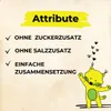 A marketing image with text listing product attributes and a cartoon cat illustration. Produktbild-Vorschau