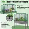 A collage showing a portable mini greenhouse in two different settings: one on the ground with potted plants, and another on a raised garden bed. Close-up of a fastening kit is also shown. Podgląd zdjęcia produktu