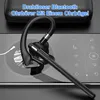 A black Bluetooth headset with an ear hook is placed on a dark surface, with a smartphone screen displaying music controls in the background. A charging case is visible behind the headset. Produktbild-Vorschau