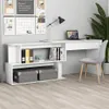 A white corner desk with storage shelves, a laptop, a lamp, and a chair in a home office setting. Náhled obrázku produktu