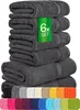A stack of folded gray towels with a green label indicating '6x SET'. Below the stack, a row of various colored towels is displayed. Produktbild-Vorschau