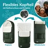 Collage showing a baby stroller footmuff in different configurations, with a family photo and close-up of a closure mechanism. Anteprima dell’immagine prodotto
