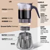 An exploded diagram of a moka pot with labels pointing out its different parts and features. Produktbild-Vorschau