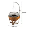A rustic-looking fire pit with a hanging grill grate, shown against a white background with dimensions indicated. Produktbild-Vorschau
