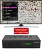 A television screen displaying a channel list, a red promotional banner, and a satellite receiver box. Produktbild-Vorschau