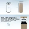 Diagrams and images showing a trash can and its dimensions, along with a close-up of its lid and strapping mechanism. Produktbild-Vorschau