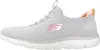 Side view of a single gray Skechers sneaker with pink and coral accents. Produktbild-Vorschau