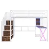 A white metal loft bed with stairs, a desk, and shelves, against a white background. Produktbild-Vorschau