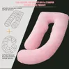 A pink U-shaped pregnancy pillow is shown next to diagrams illustrating its U and C shapes and their support benefits. Anteprima dell’immagine prodotto