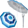 A beach umbrella and its ground anchor are displayed against a white background. Produktbild-Vorschau