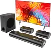 A black soundbar system with a subwoofer and two surround speakers, displayed in front of a colorful abstract image on a TV screen. Produktbild-Vorschau