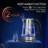 A glass electric kettle with a keep warm function is displayed on a table, with text overlays highlighting its features. Produktbild-Vorschau