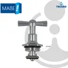 A close-up studio shot of a chrome faucet valve part against a white and light gray background. Produktbild-Vorschau