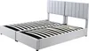 A grey upholstered bed frame with a slatted mattress support system and a two-part headboard, shown against a white background. Produktbild-Vorschau
