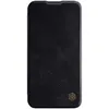 A black flip case for a smartphone, shown closed and lying flat against a white background. The case has a textured surface and a small, gold-colored logo on the bottom right corner. Podgląd zdjęcia produktu