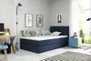 A bedroom with a blue bed, desk, and colorful pillows. Podgląd zdjęcia produktu