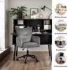 A collage of images showing a gray corduroy office chair in a home office setting, along with smaller circular images depicting a living room, bedroom, dining room, and another office setup, each labeled with German room names. Náhľad obrázku produktu