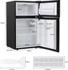 A black mini-refrigerator with dimensions and measurements shown, along with an ice cube tray and a scraper. Podgląd zdjęcia produktu