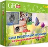 A product box for a children's nature exploration kit, featuring images of animal tracks, children exploring, and a compass. Anteprima dell’immagine prodotto