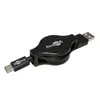 A black retractable USB cable with USB-A and USB-C connectors is shown against a white background. Produktbild-Vorschau