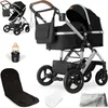 A collage of a black 3-in-1 stroller and its accessories, including a bassinet, a seat pad, a bottle holder with a bottle, and a rolled-up blanket. Produktbild-Vorschau