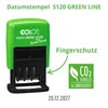 A green date stamp with text and a CO2 reduced and compensated logo. Produktbild-Vorschau
