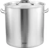A stainless steel pot with a lid and handles, shown from the front on a white background. Produktbild-Vorschau
