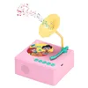 A pink toy gramophone with musical notes emanating from the horn, and cartoon characters on the record. Produktbild-Vorschau
