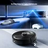 A split image showing a robot vacuum cleaner under furniture in the top panel and a close-up of the robot vacuum cleaner in the bottom panel. Produktbild-Vorschau