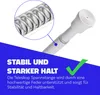 A close-up of a white telescopic rod with a spring mechanism, overlaid with German text highlighting its stability and strong hold. Produktbild-Vorschau