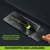 A hand is shown removing a protective film from a phone screen protector kit, which is placed in a clear plastic tray. Text overlays describe the product's features. Produktbild-Vorschau