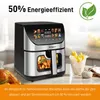 A modern air fryer is shown on a countertop with food items like a roasted chicken and french fries nearby. The image highlights energy efficiency and features of the air fryer. Produktbild-Vorschau