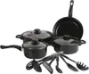 A set of black non-stick pots, pans, and kitchen utensils arranged on a white background. Náhled obrázku produktu