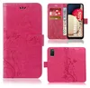 A collage of images showing a pink flip phone case with a floral pattern, designed for a Samsung Galaxy A02s/M02s. The images display the case from different angles, including its card slots and stand function. Produktbild-Vorschau